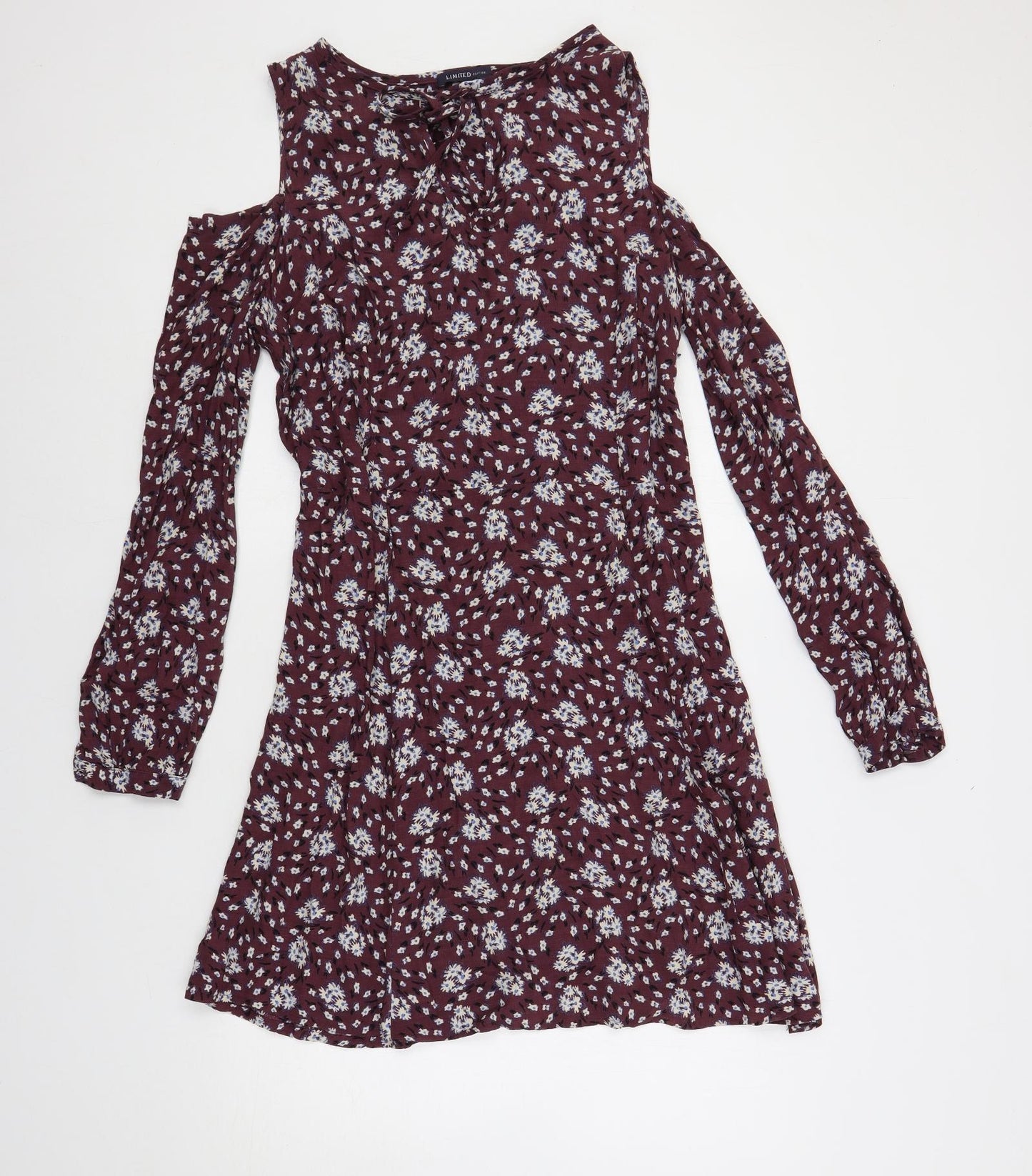 Marks and Spencer Womens Purple Floral Viscose A-Line Size 14 V-Neck Pullover - Cold Shoulder