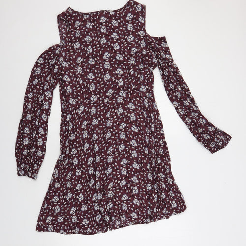 Marks and Spencer Womens Purple Floral Viscose A-Line Size 14 V-Neck Pullover - Cold Shoulder