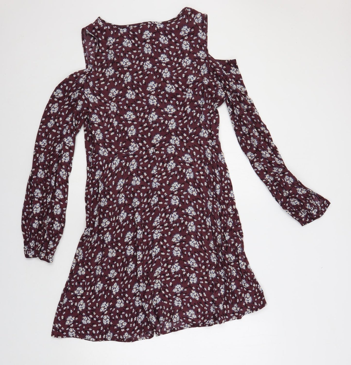 Marks and Spencer Womens Purple Floral Viscose A-Line Size 14 V-Neck Pullover - Cold Shoulder