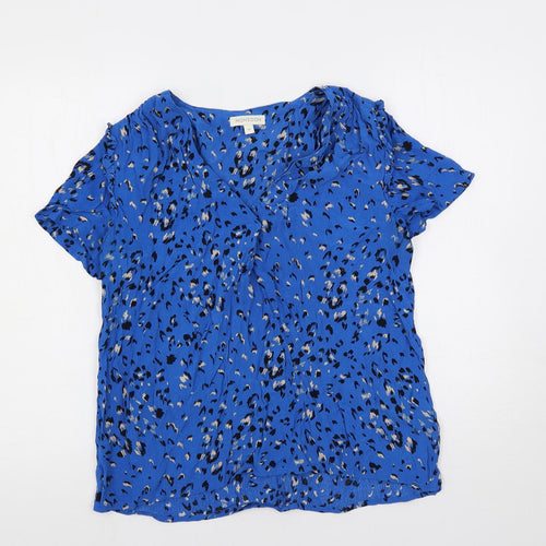Monsoon Womens Blue Animal Print Viscose Basic Blouse Size M V-Neck