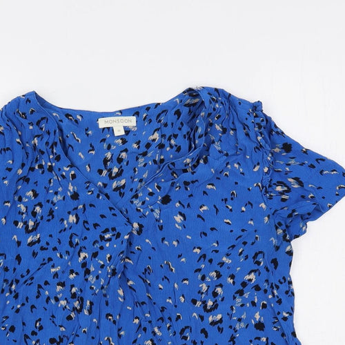 Monsoon Womens Blue Animal Print Viscose Basic Blouse Size M V-Neck