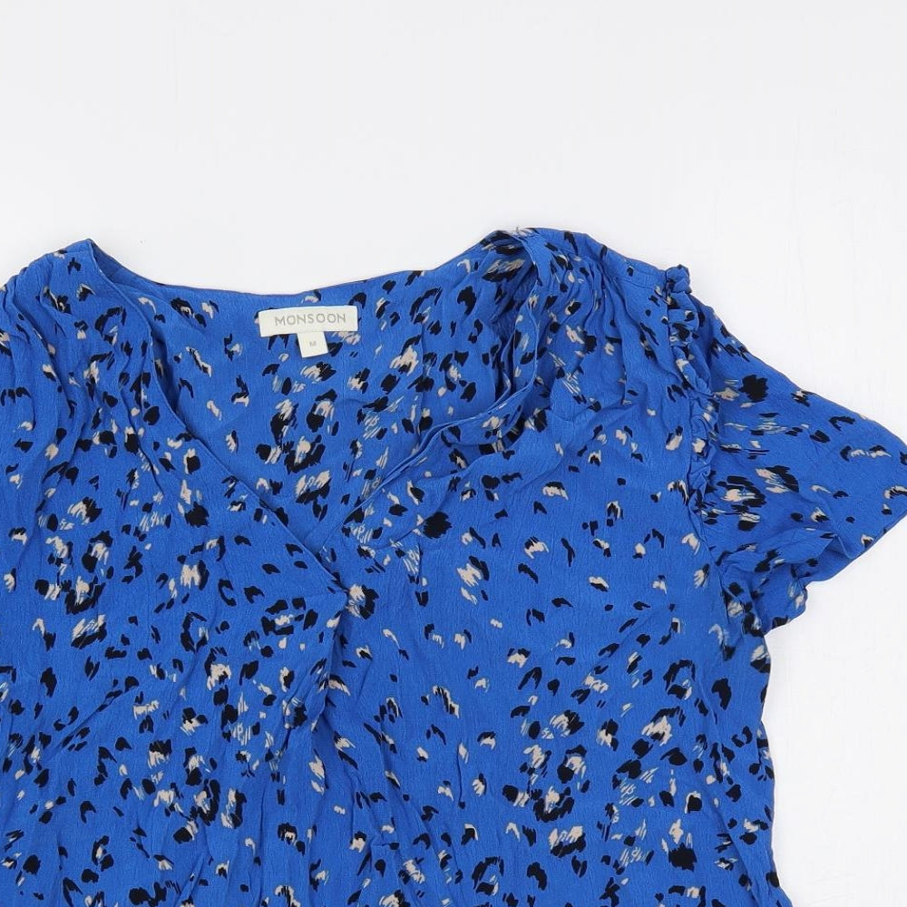 Monsoon Womens Blue Animal Print Viscose Basic Blouse Size M V-Neck