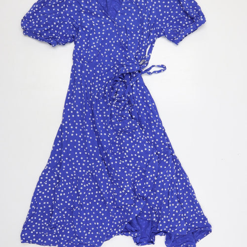 Marks and Spencer Womens Blue Floral Viscose Wrap Dress Size 14 V-Neck Tie