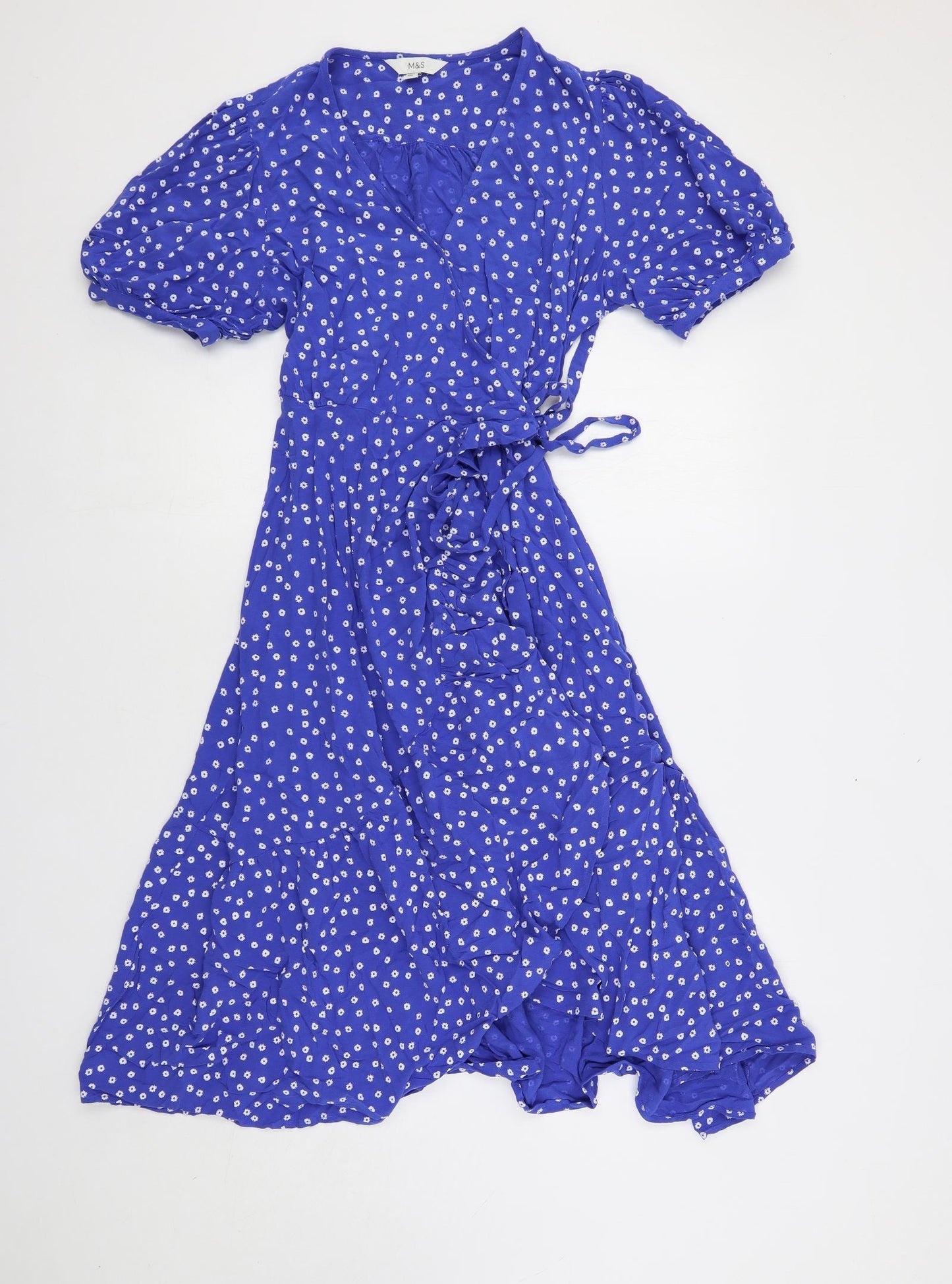 Marks and Spencer Womens Blue Floral Viscose Wrap Dress Size 14 V-Neck Tie