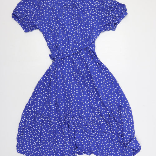 Marks and Spencer Womens Blue Floral Viscose Wrap Dress Size 14 V-Neck Tie
