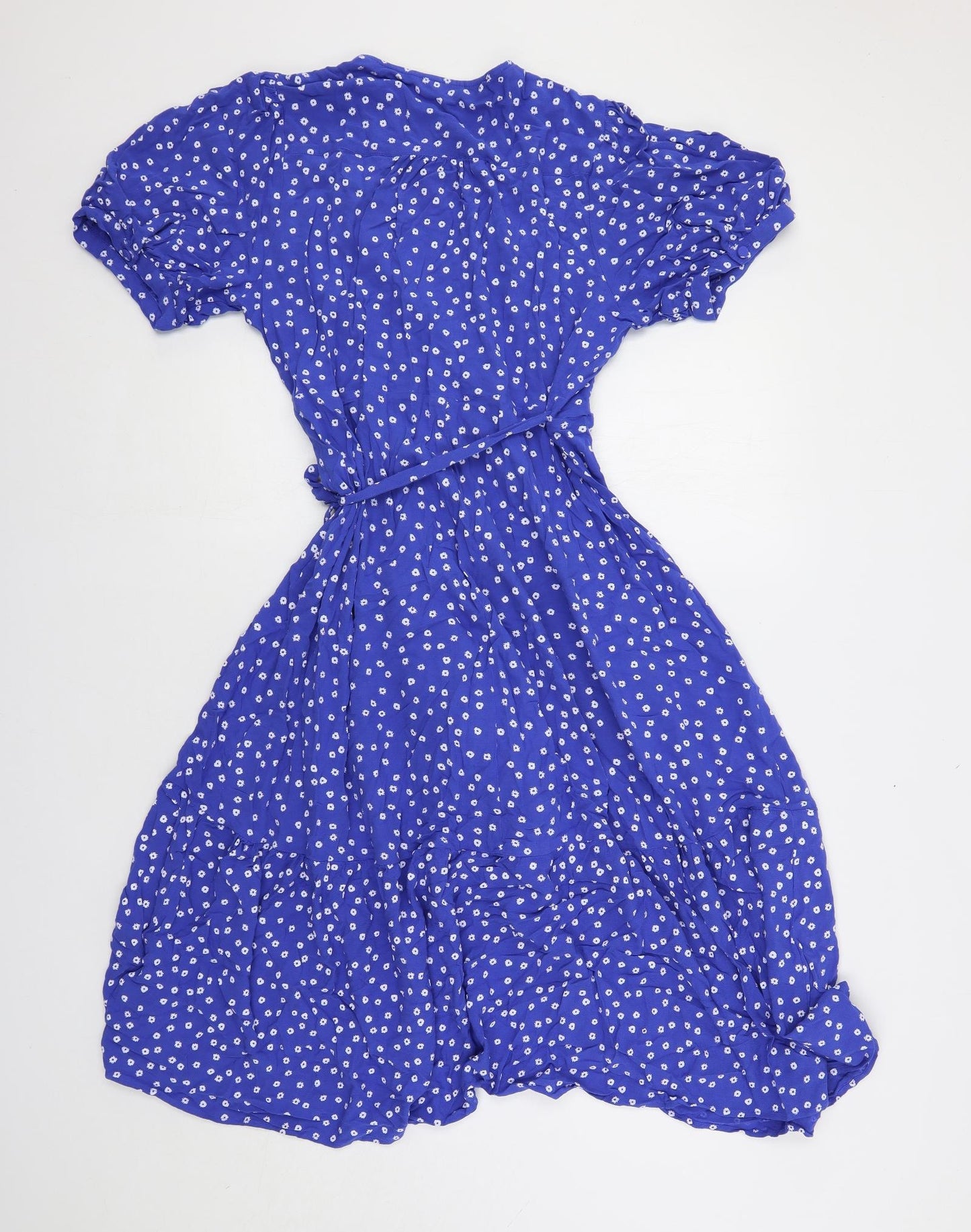 Marks and Spencer Womens Blue Floral Viscose Wrap Dress Size 14 V-Neck Tie