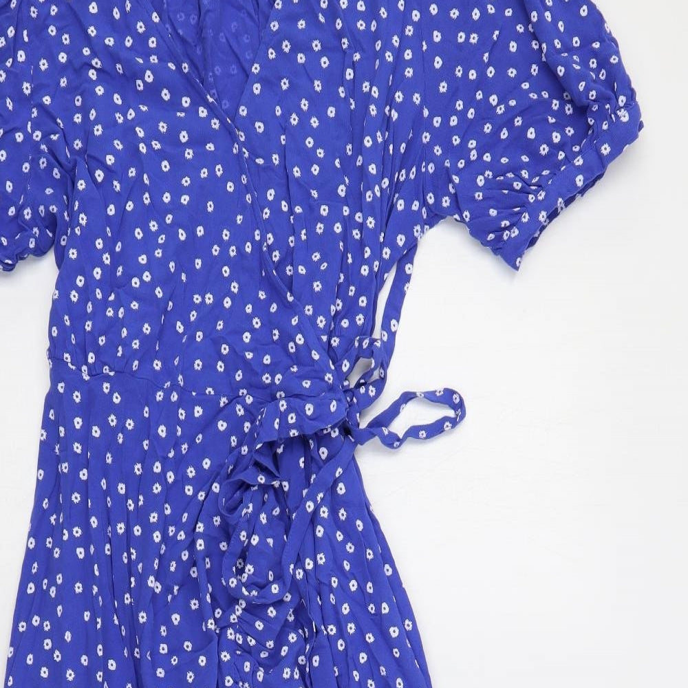 Marks and Spencer Womens Blue Floral Viscose Wrap Dress Size 14 V-Neck Tie