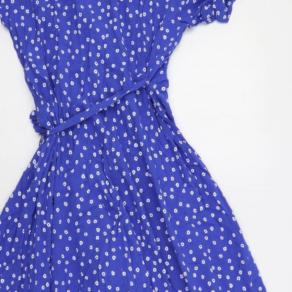 Marks and Spencer Womens Blue Floral Viscose Wrap Dress Size 14 V-Neck Tie