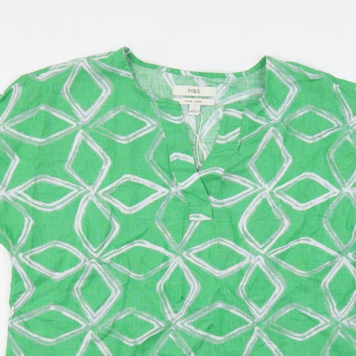 Marks and Spencer Womens Green Geometric Linen Basic Blouse Size 12 V-Neck