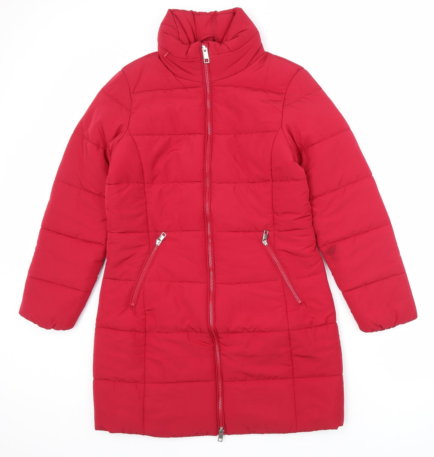 Marks and Spencer Womens Red Quilted Coat Size 10 Zip - Concealed Hood