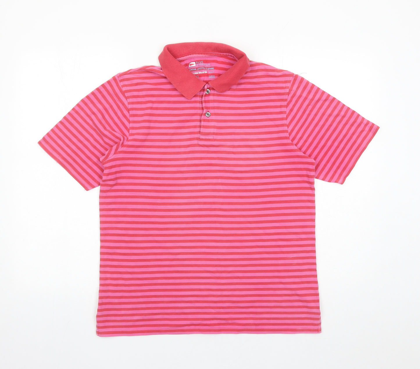 Blue Harbour Mens Pink Striped Cotton Polo Size M Collared Button