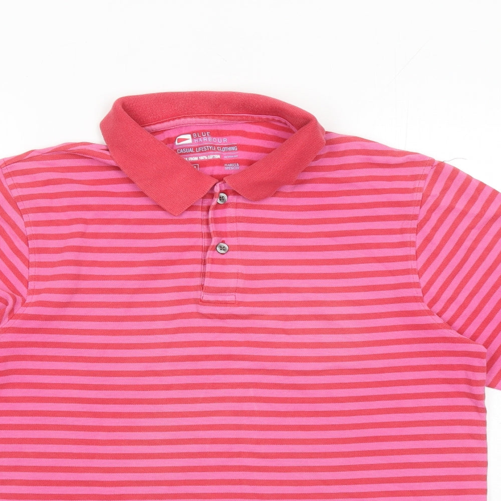Blue Harbour Mens Pink Striped Cotton Polo Size M Collared Button