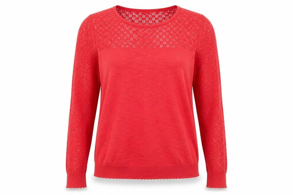 Front view of Next women’s red round neck acrylic jumper, size UK 16