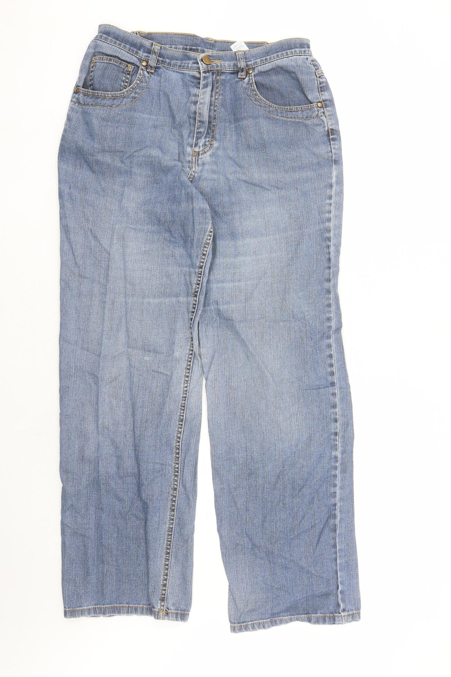 Marks and Spencer Womens Blue Cotton Straight Jeans Size 12 L28 in Regular Zip - Elasticated Waist