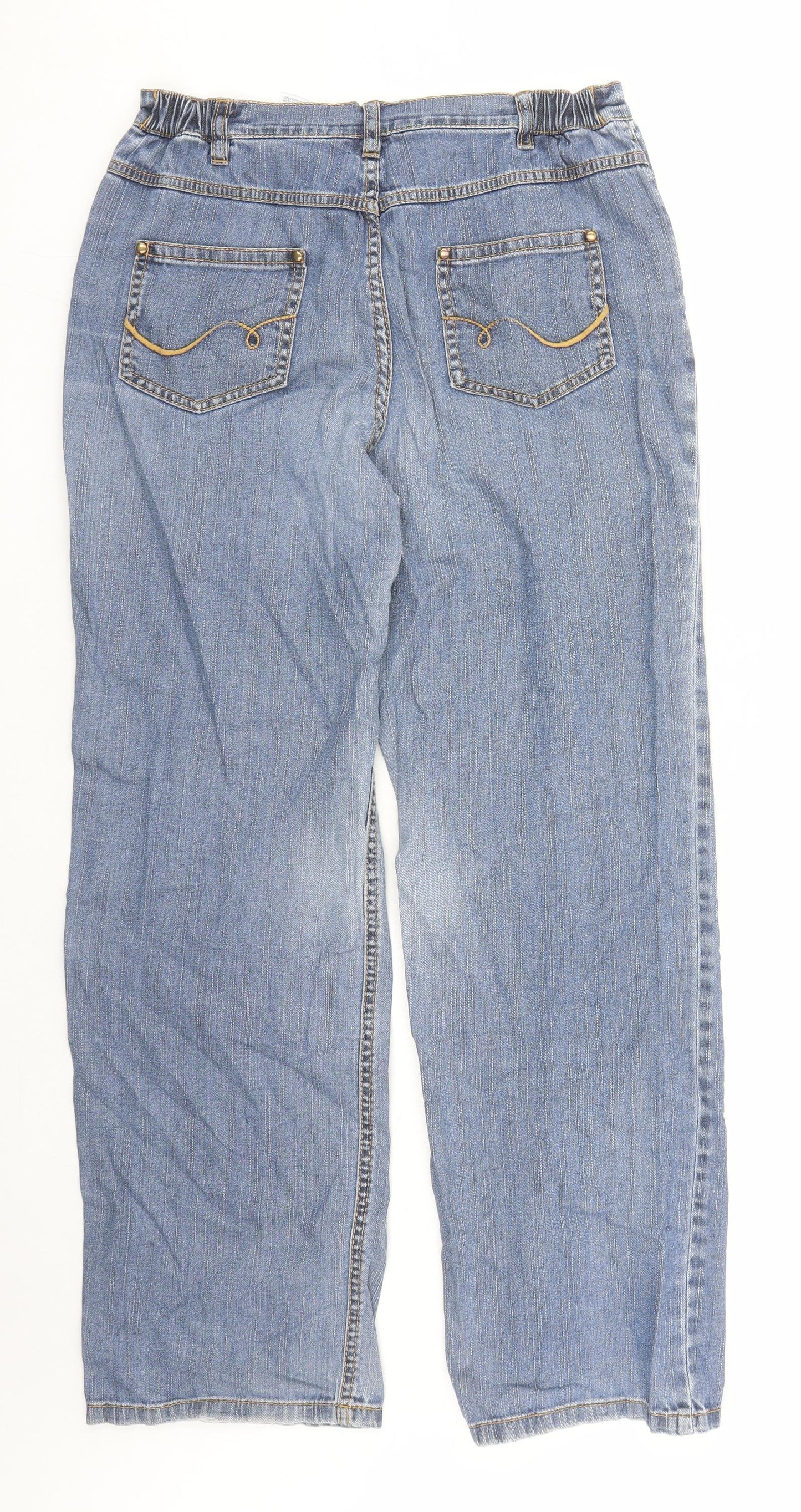 Marks and Spencer Womens Blue Cotton Straight Jeans Size 12 L28 in Regular Zip - Elasticated Waist