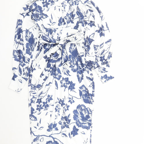 Boohoo Womens White Floral Polyester A-Line Size 12 V-Neck Pullover