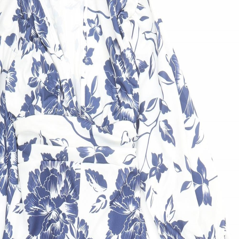 Boohoo Womens White Floral Polyester A-Line Size 12 V-Neck Pullover