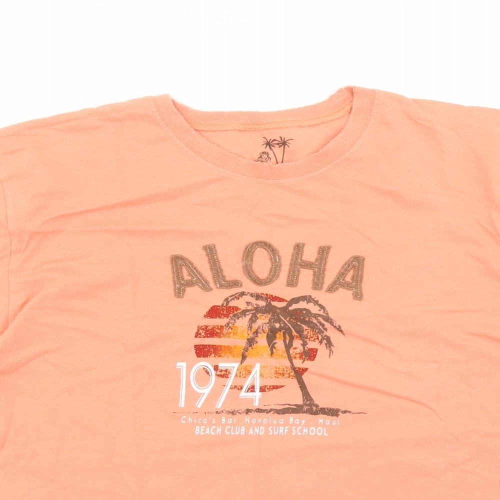 BHS Mens Orange Cotton T-Shirt Size M Crew Neck - Aloha