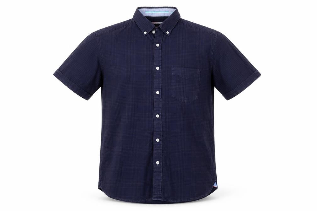 Front view of Blue Harbour men’s blue check cotton button-up, size M, collared button