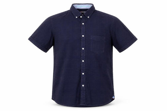 Front view of Blue Harbour men’s blue check cotton button-up, size M, collared button