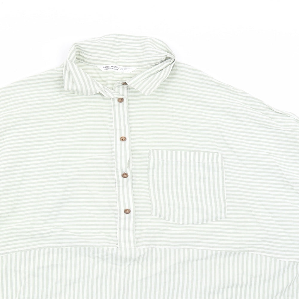 Zara Womens Green Striped Cotton Basic Blouse Size L Collared