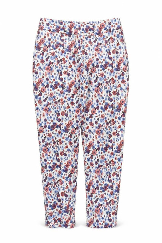 Front view of phase women’s multicoloured floral polyester carrot trousers, size UK 14, 27-inch leg regular zip