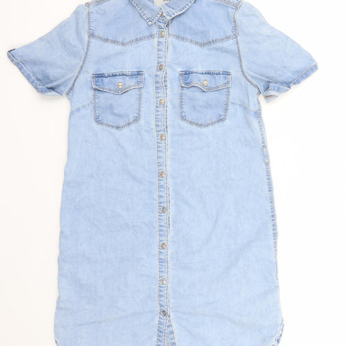 New Look Womens Blue Cotton Shirt Dress Size 10 Collared Button