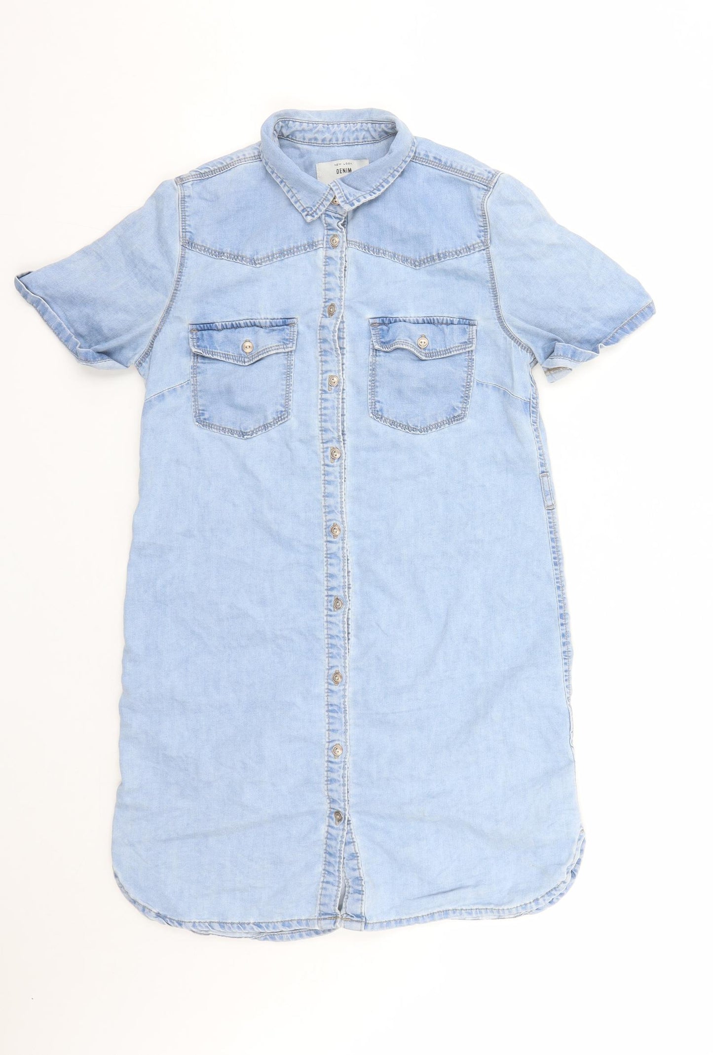 New Look Womens Blue Cotton Shirt Dress Size 10 Collared Button