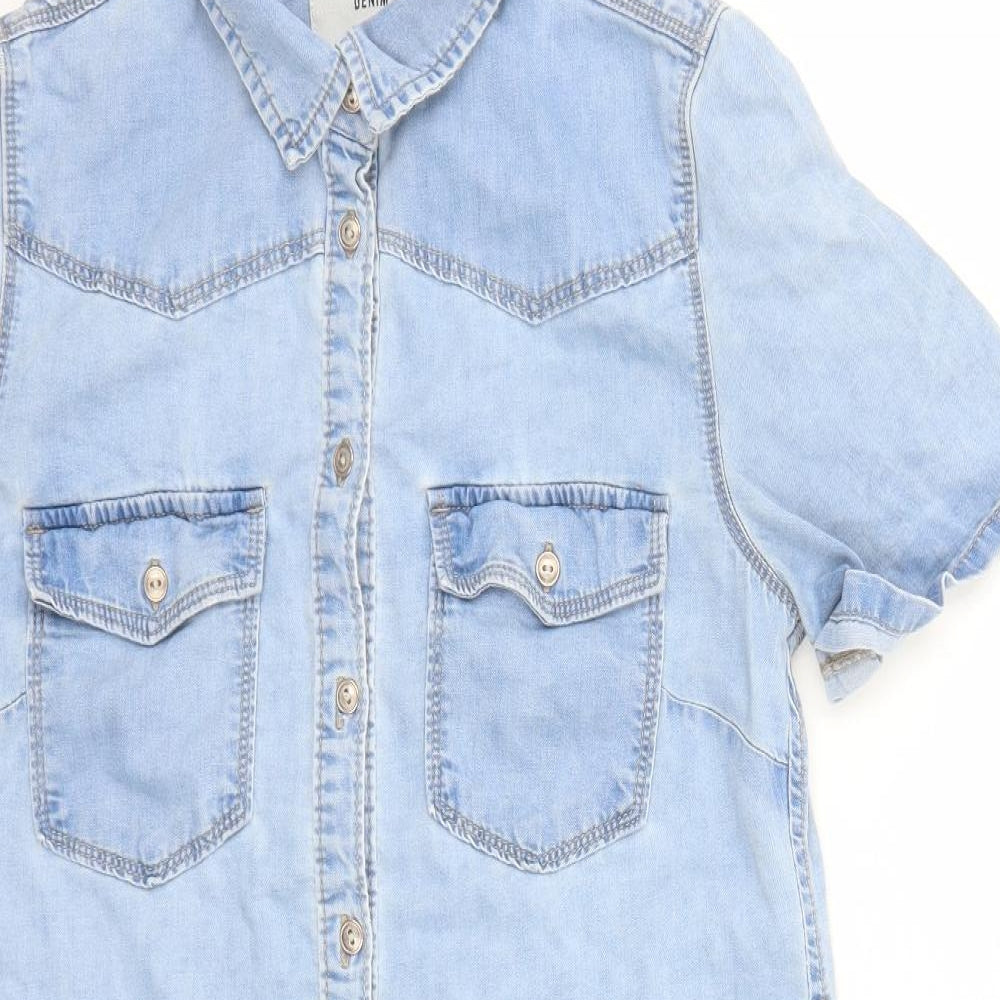 New Look Womens Blue Cotton Shirt Dress Size 10 Collared Button