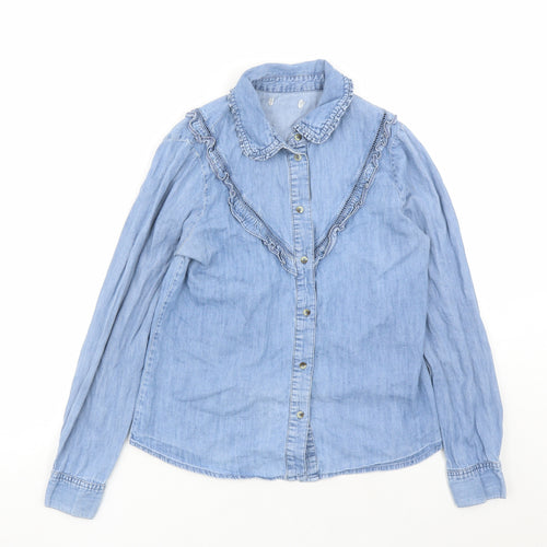 Red Herring Womens Blue Cotton Basic Button-Up Size 12 Collared - Ruffles