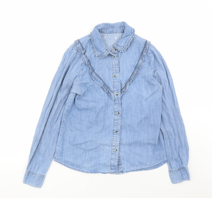 Red Herring Womens Blue Cotton Basic Button-Up Size 12 Collared - Ruffles