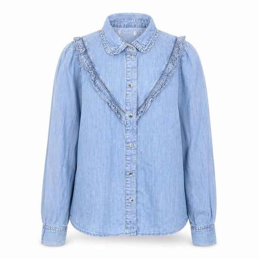 Front view of Red Herring women’s blue cotton basic button-up, size UK 12, collared - ruffles