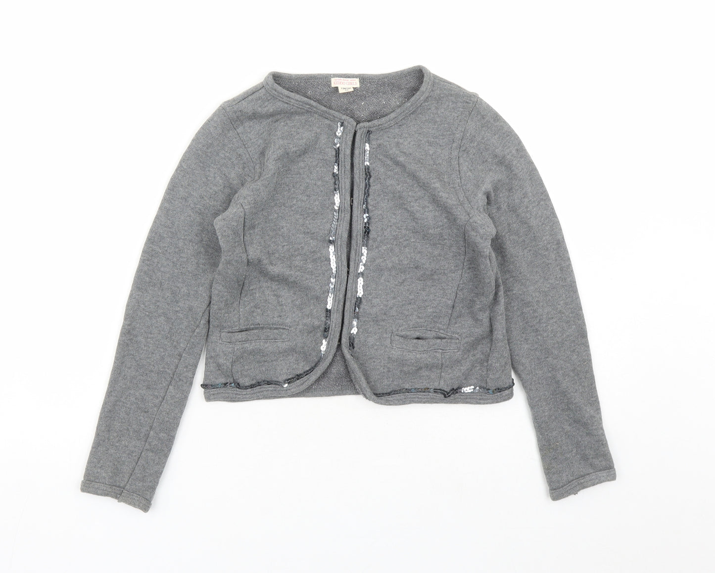 We Love Kiddo Girls Girls Grey Round Neck Cotton Cardigan Jumper Size 10 Years Hook & Eye - Sequin Detail, Stars