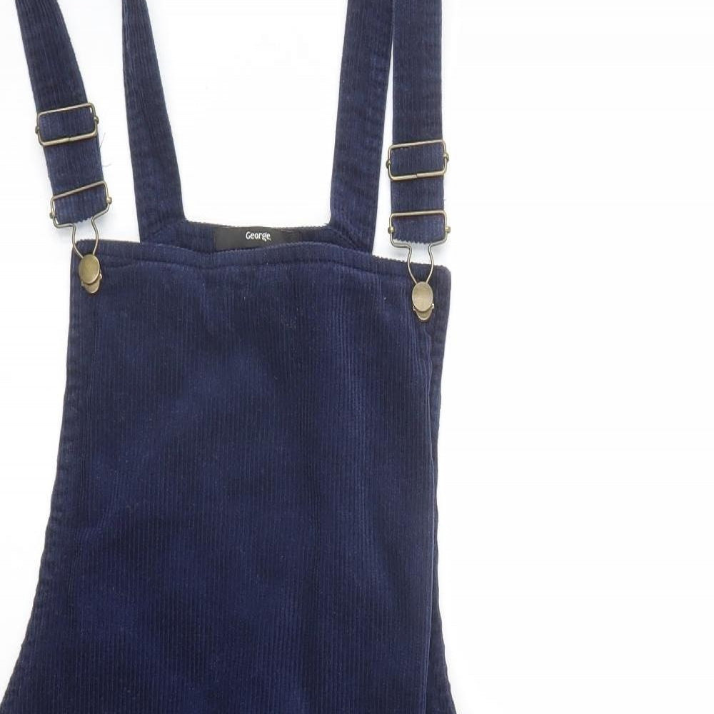 George Womens Blue Cotton Pinafore/Dungaree Dress Size 16 Square Neck Button