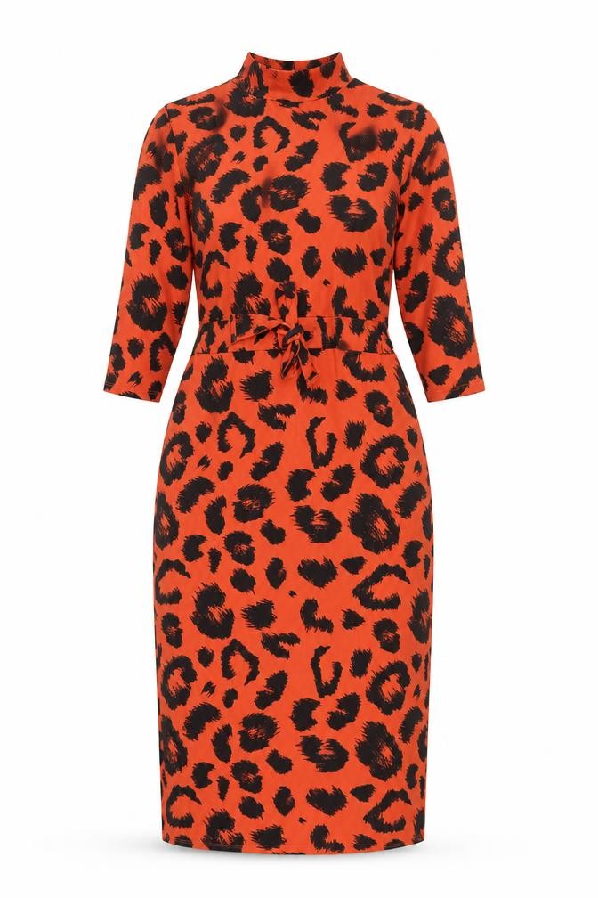 Front view of V By Very women’s red animal print polyester pencil dress, size UK 8, mock neck pullover - leopard pattern