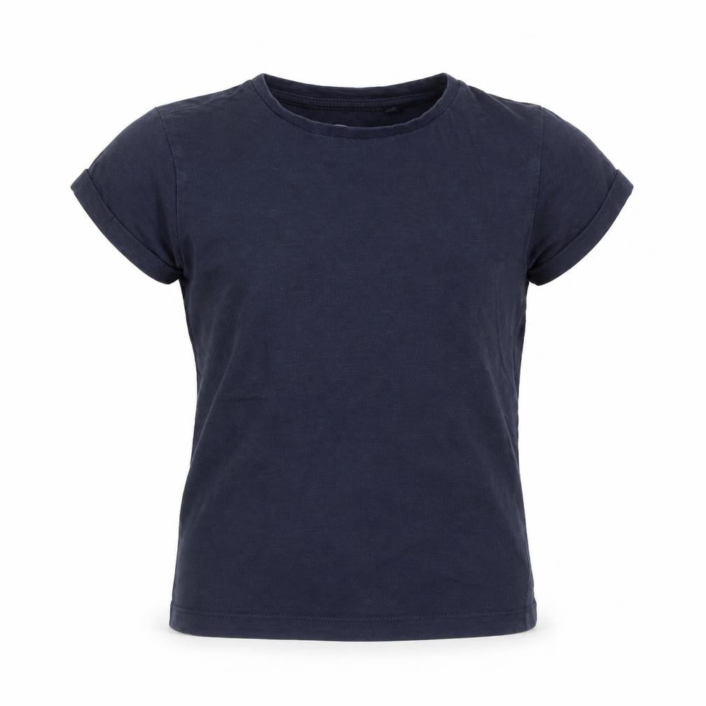 Front view of Next girls’ blue cotton basic t-shirt, size 7, years round neck pullover