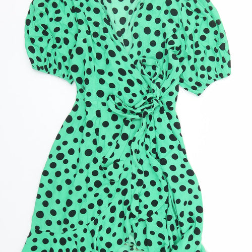 NEXT Womens Green Polka Dot Viscose Wrap Dress Size 12 V-Neck Button