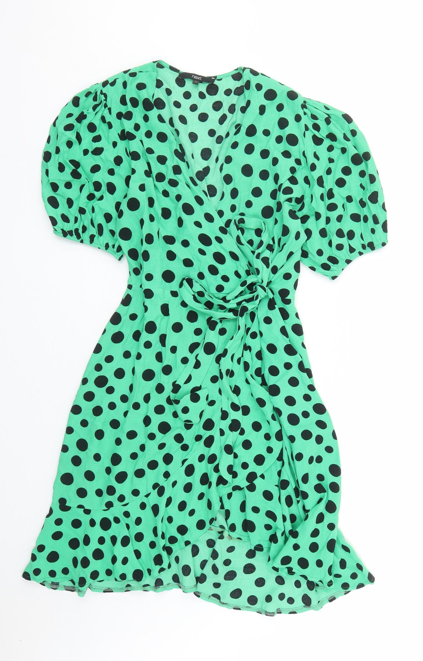 NEXT Womens Green Polka Dot Viscose Wrap Dress Size 12 V-Neck Button