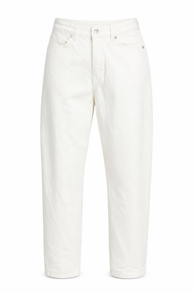 Front view of H&M women’s white cotton straight jeans, size UK 10, 27-inch leg regular zip