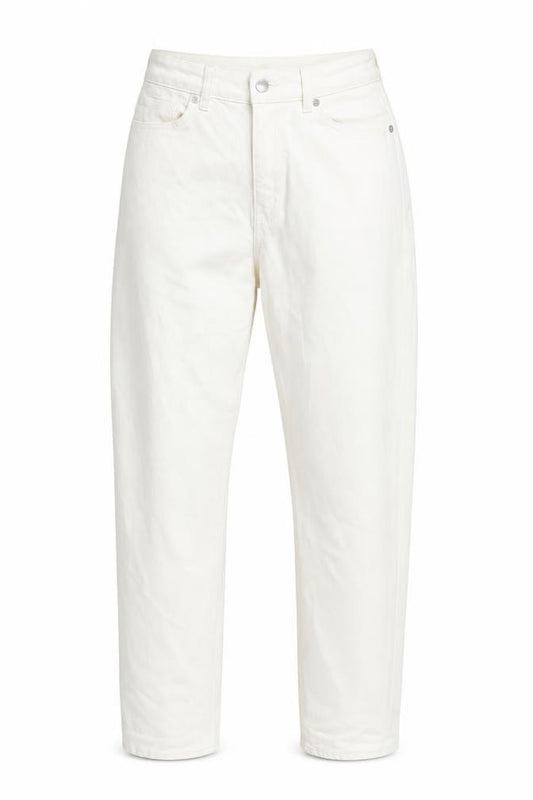 Front view of H&M women’s white cotton straight jeans, size UK 10, 27-inch leg regular zip