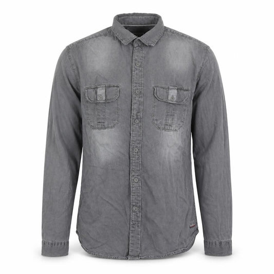 Front view of DNMX men’s grey cotton button-up, size S, collared button