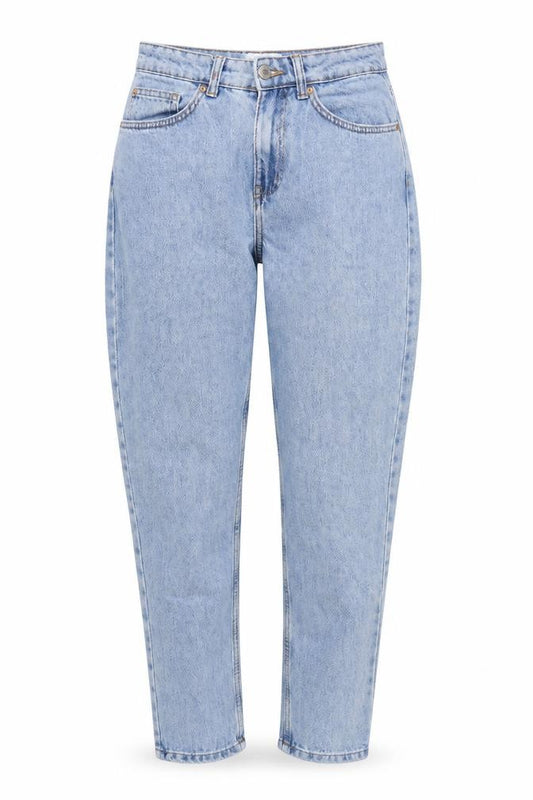 Front view of Denim & Co. women’s blue cotton mom jeans, size UK 8, 29-inch leg regular zip