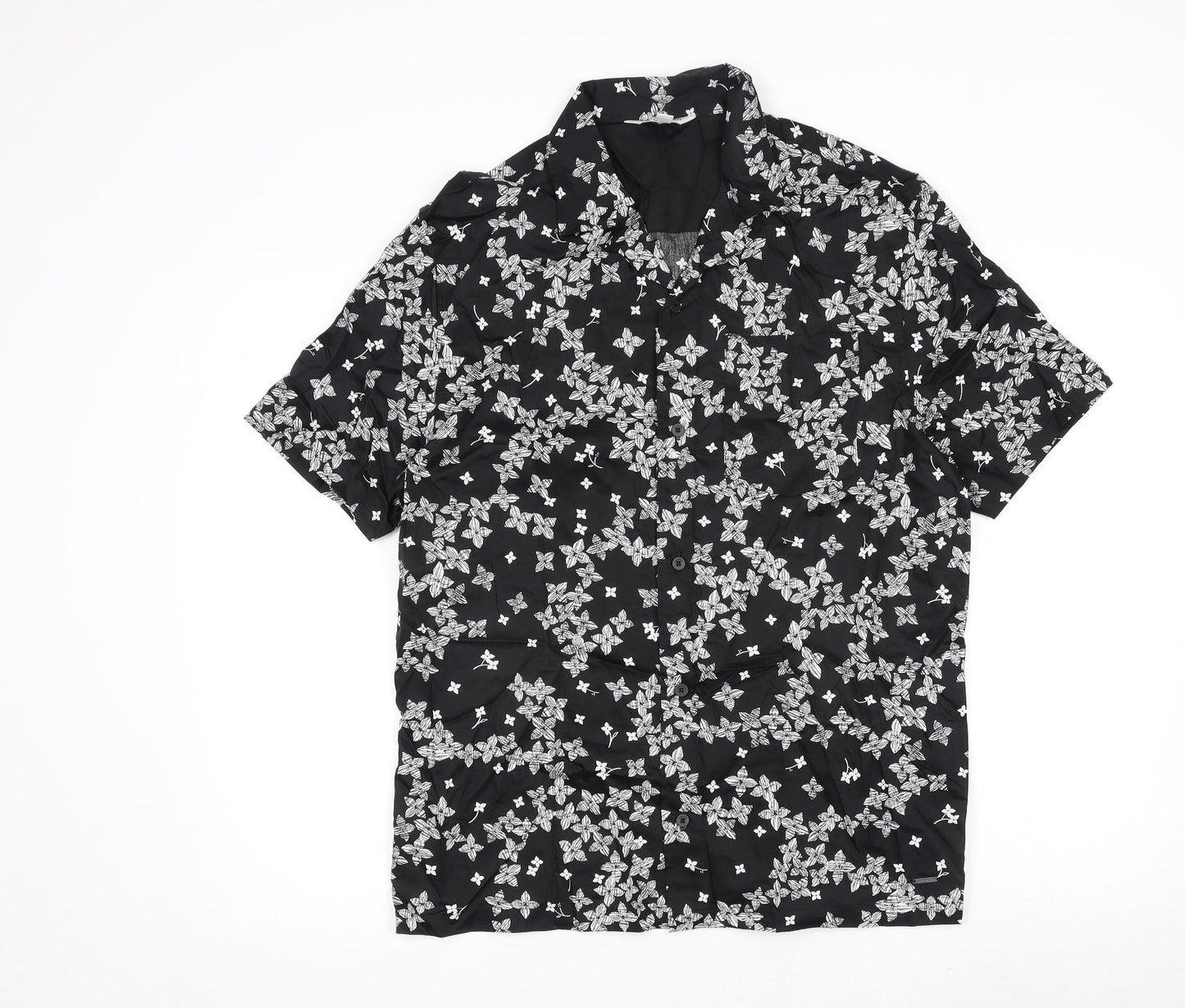 Autograph Mens Black Geometric Cotton Button-Up Size M Collared Button