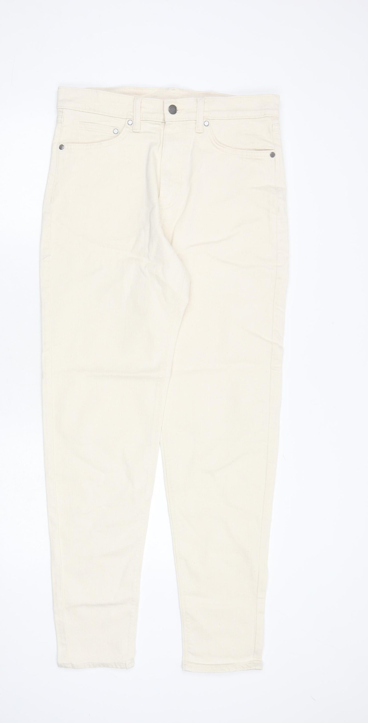 Marks and Spencer Mens Ivory Cotton Tapered Jeans Size 30 in L33 in Regular Zip