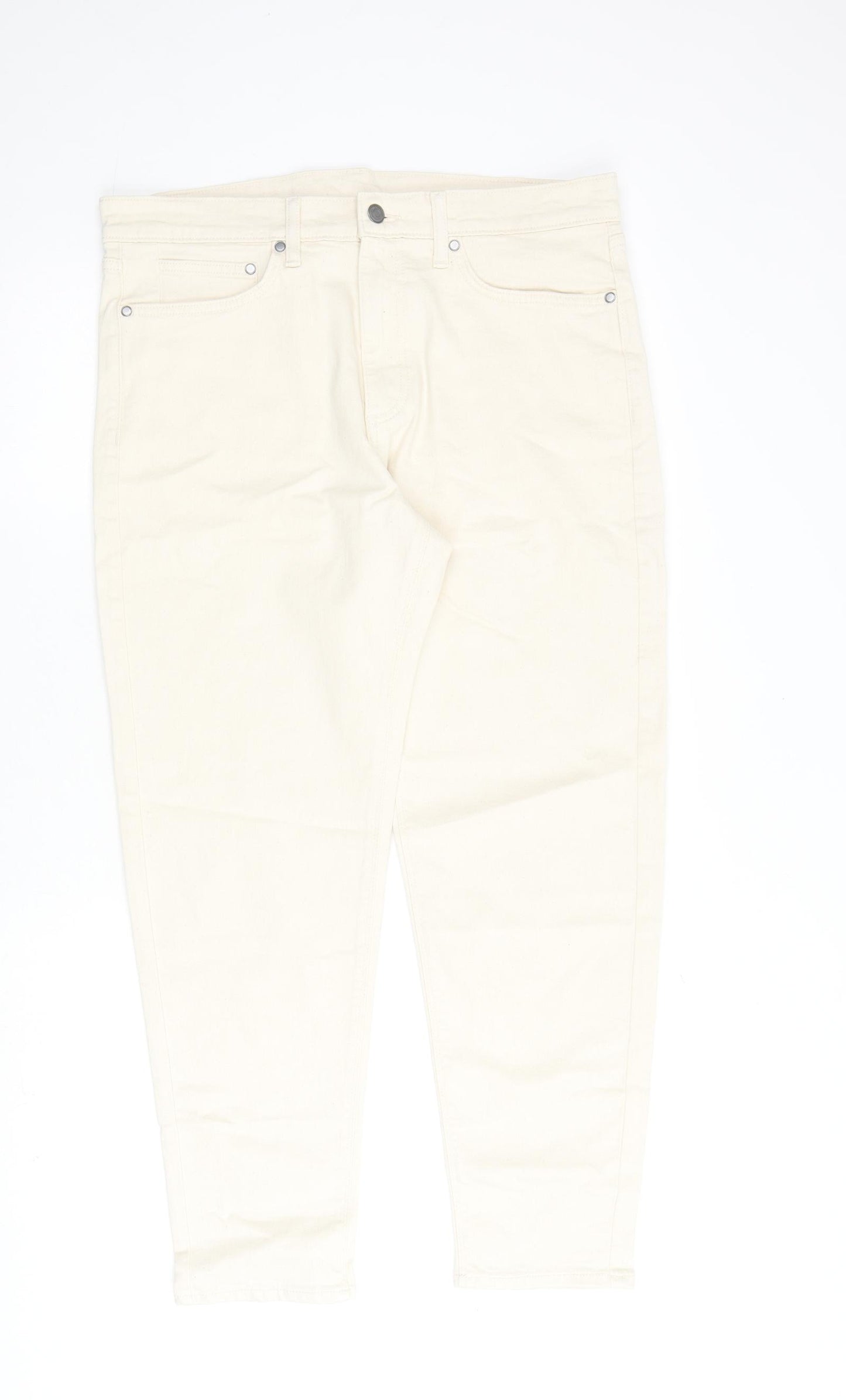 Marks and Spencer Mens Ivory Cotton Tapered Jeans Size 34 in L29 in Regular Zip