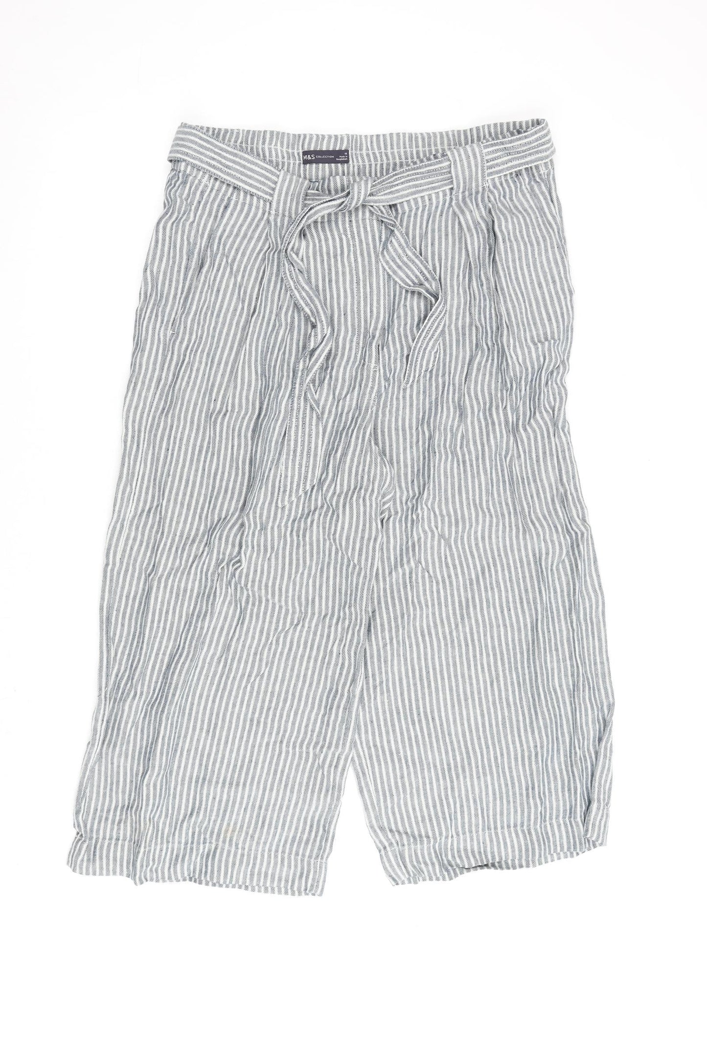 Marks and Spencer Womens Grey Striped Flax Cropped Trousers Size 18 L22 in Regular Zip