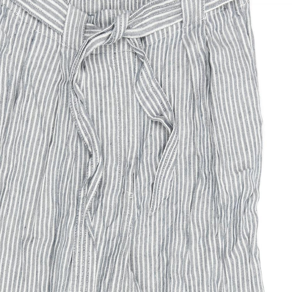 Marks and Spencer Womens Grey Striped Flax Cropped Trousers Size 18 L22 in Regular Zip