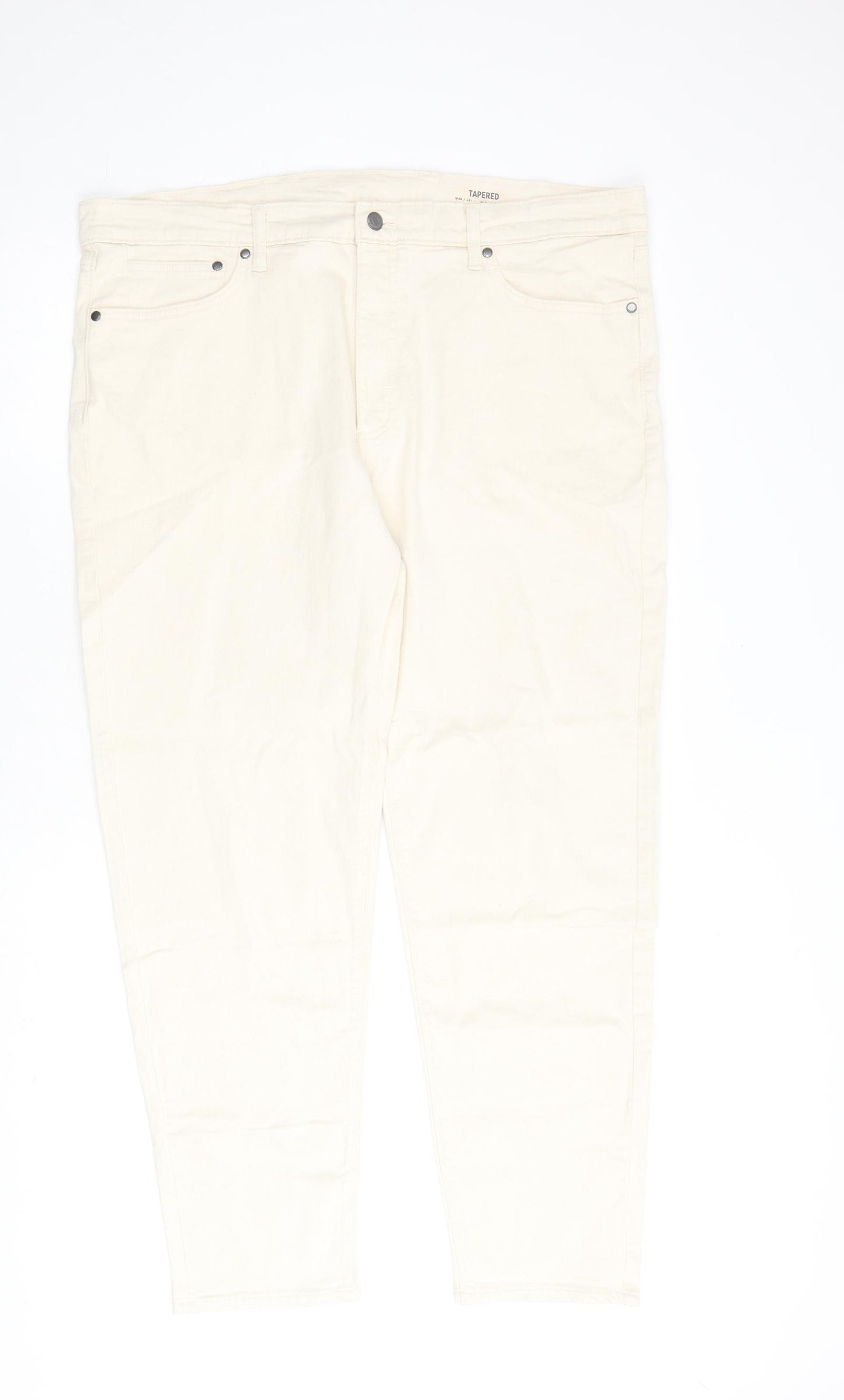 Marks and Spencer Mens Ivory Cotton Tapered Jeans Size 40 in L31 in Regular Zip