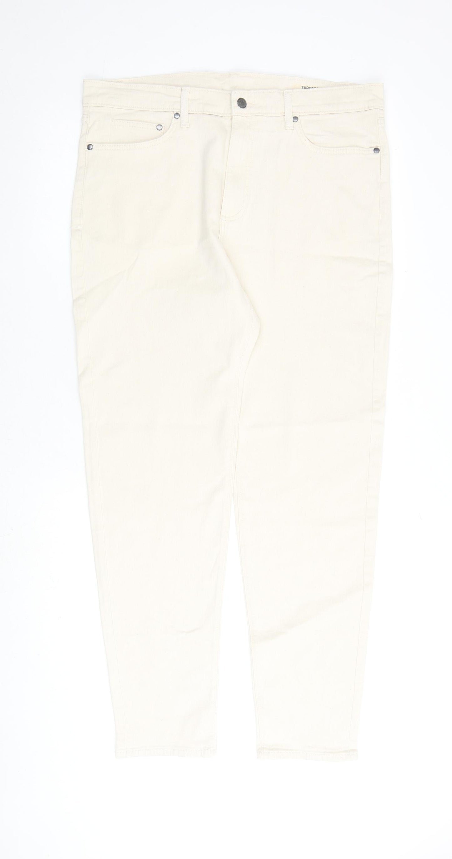 Marks and Spencer Mens Ivory Cotton Tapered Jeans Size 36 in L33 in Regular Zip