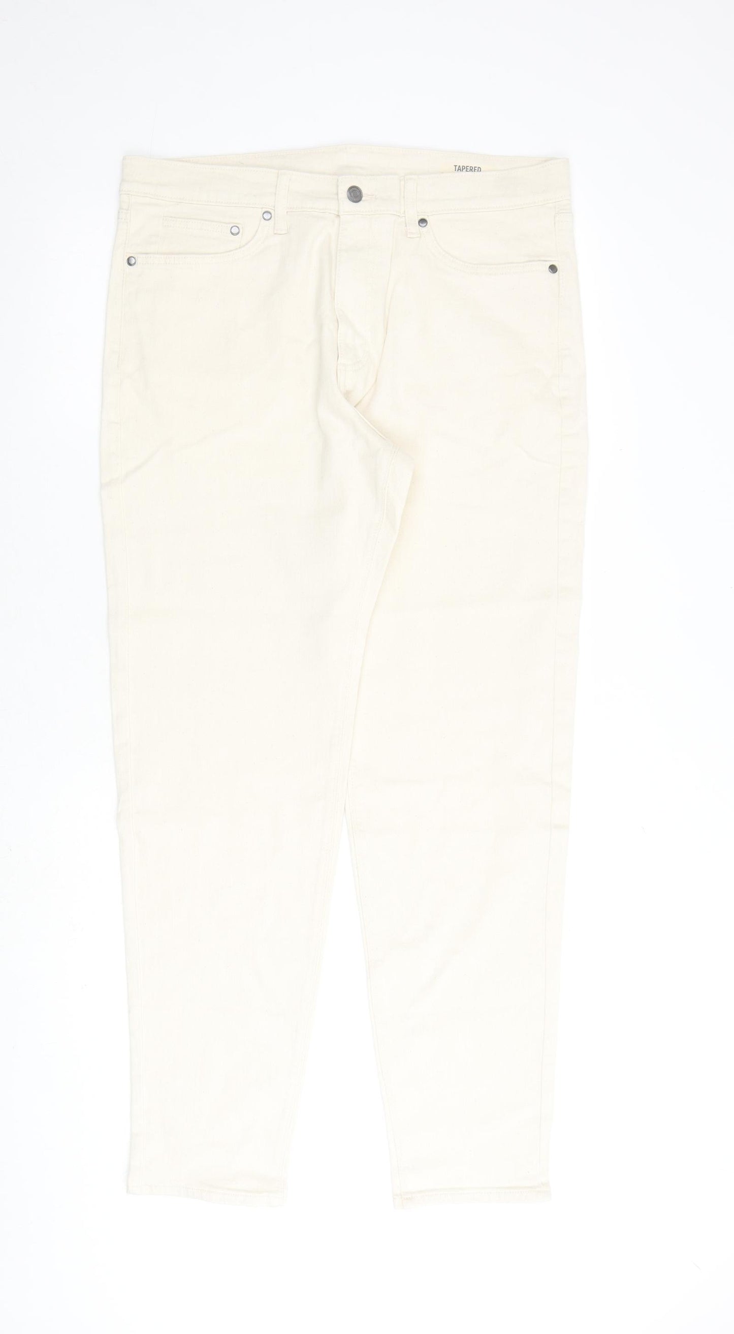 Marks and Spencer Mens Ivory Cotton Tapered Jeans Size 34 in L33 in Regular Zip